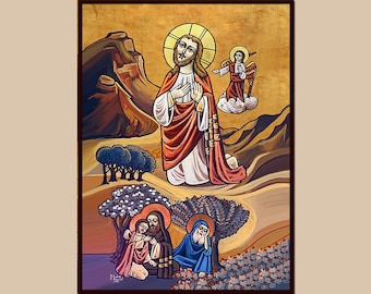 May include: A religious painting depicting Jesus kneeling in prayer with an angel above him. Two figures are in the foreground, one with a blue robe and the other with a brown robe.