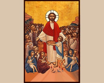 May include: A religious icon depicting Jesus Christ performing the miracle of the loaves and fishes. Jesus is standing in the center of the image, holding a bowl of bread in his right hand. He is surrounded by a crowd of people, some of whom are reaching out to him. The icon is painted in a traditional style, with bright colors and detailed figures.