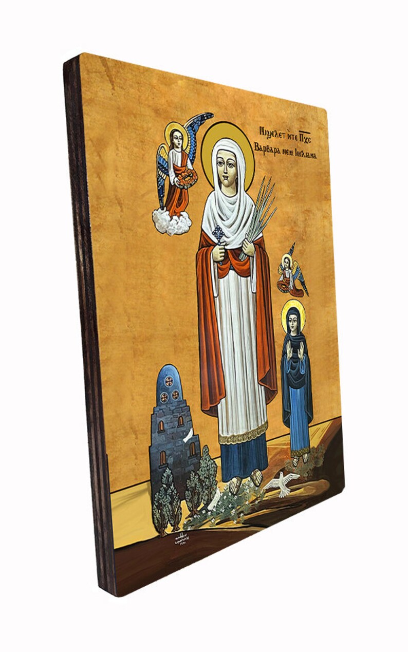 Pu&ograve; includere: Un'icona religiosa di Santa Barbara, una martire cristiana, raffigurata con una veste bianca che tiene in mano spighe di grano. L'icona &egrave; dipinta su un pannello di legno con una cornice marrone. Il testo "&Pi;&iota;&sigma;&tau;&epsilon;ύ&epsilon;&iota; &eta;&tau;&epsilon; &Pi;&iota;&sigmaf; &Beta;&alpha;&rho;&beta;ά&rho;&alpha; &eta;&epsilon;&iota; ί&omega;&alpha;.&nu;&alpha;" &egrave; scritto in greco nella parte superiore dell'icona.