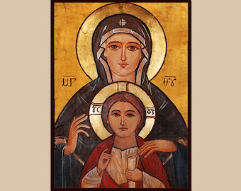 May include: A religious icon depicting the Virgin Mary and baby Jesus. The icon is painted in a traditional style with gold accents and features the Greek letters "MP, OY" on either side of the figures.