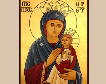 May include: A religious icon featuring a woman and child, set against a gold background. The woman wears a blue cloak and a crown, holding the child who is dressed in red and white. Greek text is visible at the top left and right.