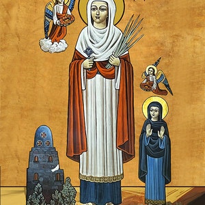 Pu&ograve; includere: Un'icona religiosa che raffigura Santa Barbara, una martire cristiana. L'icona presenta una donna con una tunica bianca e una fascia rossa, che tiene una croce e rami di palma. Due angeli sono raffigurati su entrambi i lati della santa, e un piccolo edificio &egrave; mostrato nell'angolo in basso a sinistra. Il testo in alto recita "N&iota;&chi;&epsilon;&lambda;&epsilon;&tau; &eta;&tau;&epsilon; &Pi;&chi;&sigmaf; &Beta;&alpha;&rho;&beta;&alpha;&rho;&alpha; &eta;&epsilon;&iota; &Iota;&omega;&sigma;&iota;&alpha;&nu;&alpha;".