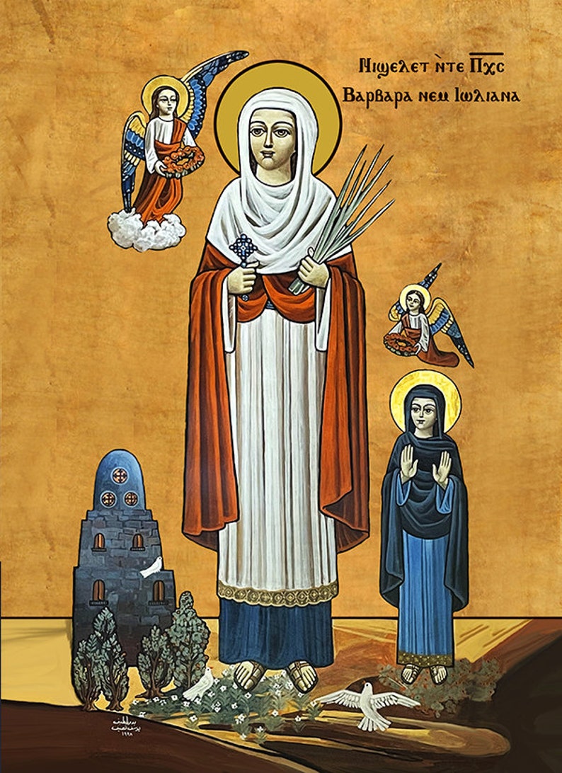 Pu&ograve; includere: Un'icona religiosa che raffigura Santa Barbara, una martire cristiana. L'icona presenta una donna con una tunica bianca e una fascia rossa, che tiene una croce e rami di palma. Due angeli sono raffigurati su entrambi i lati della santa, e un piccolo edificio &egrave; mostrato nell'angolo in basso a sinistra. Il testo in alto recita "N&iota;&chi;&epsilon;&lambda;&epsilon;&tau; &eta;&tau;&epsilon; &Pi;&chi;&sigmaf; &Beta;&alpha;&rho;&beta;&alpha;&rho;&alpha; &eta;&epsilon;&iota; &Iota;&omega;&sigma;&iota;&alpha;&nu;&alpha;".