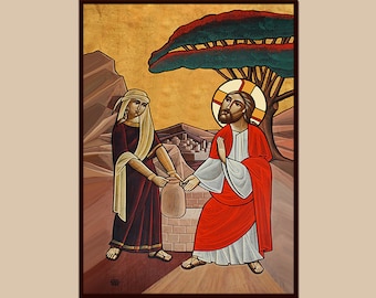 May include: A religious icon depicting a woman in a brown and gold robe, holding a clay pot, and a man in a red robe with a white undergarment, standing near a well. The background features a green tree and a golden sky.