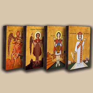 Set of 4 icons, Archangel Michael, St. John the Baptist, St. Stephen, St. Mina.