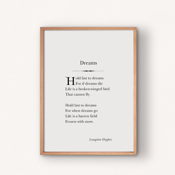 Dreams by Langston Hughes Poem, Gift for Her, Digital Download Wall Art for Poetry Lover, typography poster, hold fast to dreams