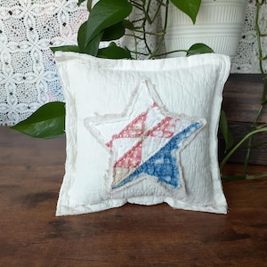 Vintage Quilt Pillow with Grain Sack Star, Red White and Blue, Patriotic Appliqué Small Throw Pillow, Bowl Filler, Americana Home Decor
