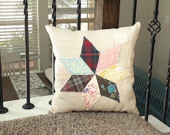 Vintage Quilt Star Pillow: Rustic Farmhouse Grain Sack Throw Pillow