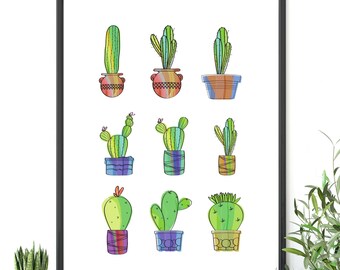 Cactus Wall Art, Colorful Cuctus Print, Printable Cactus Art, Digital Cactus Art, Cactus Poster