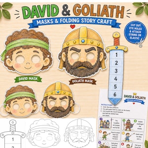 Manualidades de David y Goliat para la escuela dominical / Actividad imprimible de lección bíblica para niños / Actividad para colorear en la iglesia / Manualidad de plegado de máscaras