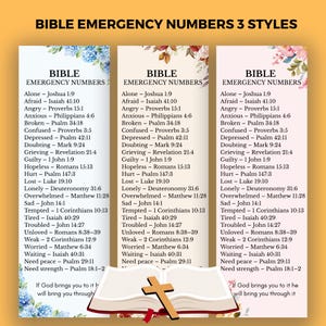 May include: Three vertical cards displaying "Bible Emergency Numbers 3 Styles". Each card has a floral design and lists Bible verses for emotions like "Alone", "Afraid", and "Angry". A wooden cross and open book are at the bottom of the image.