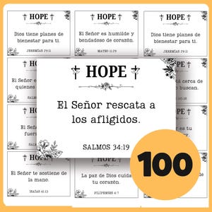 Puede incluir: Un conjunto de tarjetas blancas con texto negro y detalles florales. Cada tarjeta presenta la palabra "HOPE" y un versículo bíblico en español. Un círculo amarillo con el número "100" está en la esquina inferior derecha.
