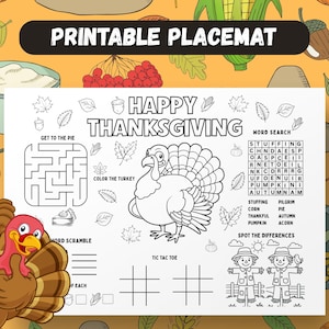 Thanksgiving Printable Placemat Activity Sheet for Kids Thanksgiving Day Holiday Party Game Worksheet Children&#39;s Fall Coloring Activity Page