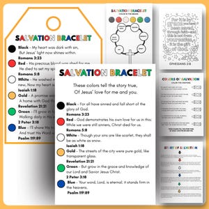May include: A collection of printable "Salvation Bracelet" educational materials. The materials include color-coded guides, Bible verses, and a coloring page with the text "For it is by grace you have been saved..." in a decorative font.