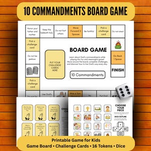 Peut inclure: Un jeu de plateau imprimable sur les 10 Commandements avec un plateau blanc, du texte noir, des cases de cartes défi jaunes et des illustrations. Comprend un jeu de cartes défi, 16 jetons et un dé à six faces. Le plateau affiche les règles du jeu.