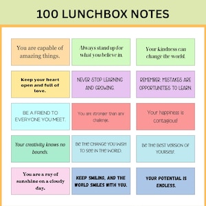 Druckbare Lunchbox Notizen | Positive Hinweise | Inspirierende Notizen für Kinder und Tweens | Ermutigungskarten | Hinweise für Kinder | 100 Notizen PDF