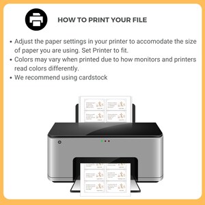May include: A silver and black printer with printed sheets of paper. The image includes the text "HOW TO PRINT YOUR FILE" and instructions on how to print the file, including adjusting paper settings and using cardstock.