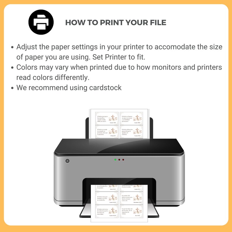 May include: A silver and black printer with printed sheets of paper. The image includes the text "HOW TO PRINT YOUR FILE" and instructions on how to print the file, including adjusting paper settings and using cardstock.