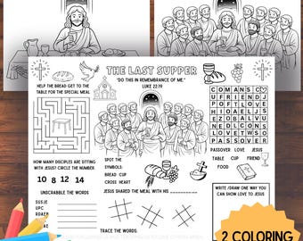 May include: Two coloring pages featuring illustrations of The Last Supper. One page shows Jesus with his disciples, and the other has a maze and word search. Text includes "Do this in remembrance of me" and "2 Coloring Pages".