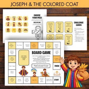 Puede incluir: Un juego de mesa titulado "Joseph & The Colored Coat" con piezas de juego, dados y tarjetas de desafío. El tablero del juego presenta ilustraciones de la historia de José. Un niño de dibujos animados con un abrigo colorido y una bolsa de trigo está a la derecha.