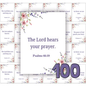 May include: A set of 100 square cards with floral accents and inspirational quotes. The central card reads "The Lord hears your prayer" with Psalms 66:19. Other cards feature Bible verses and floral designs.
