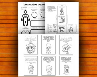 May include: A black and white printable activity sheet titled GOD MADE ME SPECIAL featuring a fill-in-the-blank section, a cube template labeled with Armor of God components, and six individual prayer cards with illustrations of children praying.