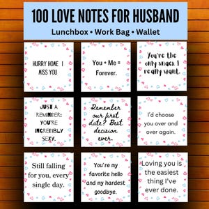 May include: A set of 100 love notes for a husband, presented as a grid of nine square cards with white backgrounds, black text, and small pink and blue heart borders. The header reads 100 LOVE NOTES FOR HUSBAND, Lunchbox, Work Bag, Wallet.