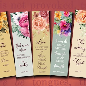 Puede incluir: Conjunto de cinco marcapáginas florales con citas inspiradoras y versículos bíblicos. Los marcapáginas presentan diseños florales de acuarela con flores amarillas, rosas y azules. Las citas incluyen "El Señor es mi pastor", "Dios es nuestro refugio", "Ama al Señor tu Dios con todo tu corazón", "Todo lo puedo en Cristo que me fortalece", y "Porque nada será imposible para Dios".