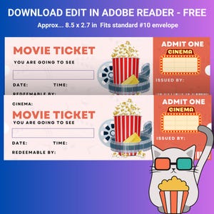 Bearbeitbarer Filmabend Coupon, Benutzerdefinierter Film Valentinstag Gutschein, Digitale Valentinstag Ticket Vorlage PDF