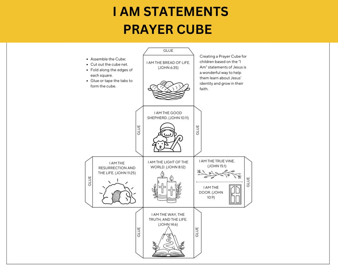 Printable Prayer Cube I Am Statements of Jesus Coloring Cube Bible ...