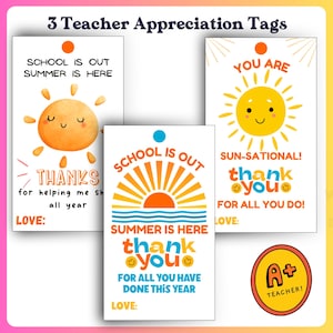 Summer Teacher Appreciation Gift Tag Template, Sunshine Thank You Tag, Printable Schools Out End of Year Favor Tag Instant Download