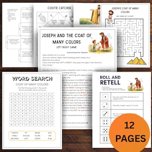May include: A collection of 12 pages of educational activities for children, including a word search, a maze, and a game based on the story of Joseph and his coat of many colors. The pages are printed on white paper.