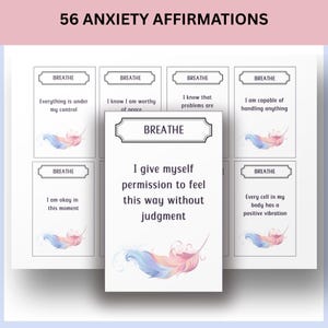 Baraja de afirmaciones para la ansiedad, tarjetas positivas imprimibles para la salud mental, el alivio del estrés, el autocuidado, afirmaciones diarias y herramientas de mindfulness.