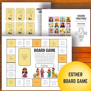 May include: A colorful board game titled "Esther Board Game" with illustrations of biblical figures and game instructions. The game includes challenge cards, dice, and a game board with spaces for players to move. The game is designed for children.