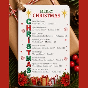 May include: A rectangular white gift tag featuring the text MERRY CHRISTMAS in green and red. An acrostic poem spells CHRISTMAS with biblical verses for each letter. The design includes gold stars, red snowflakes, and illustrations of gift boxes.