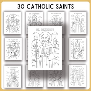 Könnte beinhalten: Eine Sammlung von Malvorlagen mit Illustrationen katholischer Heiliger. Die Seiten sind Schwarz-Weiß-Strichzeichnungen, mit den Namen der Heiligen über jedem Bild. Der Text "30 CATHOLIC SAINTS" steht oben.