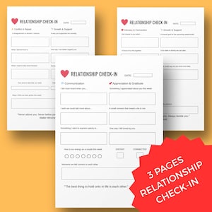 May include: Three-page Relationship Check-In printable. Each page features prompts for communication, appreciation, and intimacy. The pages have a heart graphic and prompts for reflection. The text "3 Pages Relationship Check-In" is in a red banner.