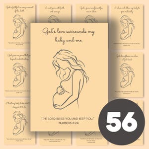 Puede incluir: Un juego de 56 tarjetas con ilustraciones lineales de una persona embarazada. Cada tarjeta presenta una cita inspiradora diferente sobre el embarazo y la fe. Las tarjetas son de color beige con texto e ilustraciones en negro.