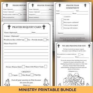 May include: A set of black and white printable ministry forms, such as prayer request cards and team commitment sheets. Each form features a cross symbol. The words "Ministry Printable Bundle" are printed at the bottom of the image.