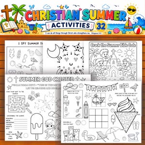 May include: A collection of Christian Summer Activities for kids, featuring coloring pages, mazes, and connect-the-dot games. The title banner reads "Christian Summer Activities 32" with beach-themed illustrations and Bible verses.