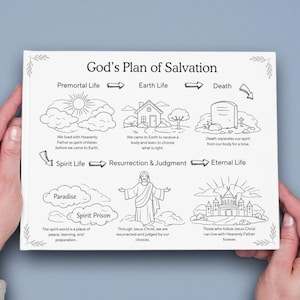 Puede incluir: Un libro blanco titulado "God's Plan of Salvation" con un diagrama que ilustra las etapas de la vida, incluyendo la vida premortal, la vida terrenal, la muerte, la vida espiritual, la resurrección y el juicio, y la vida eterna. El libro es sostenido por manos.