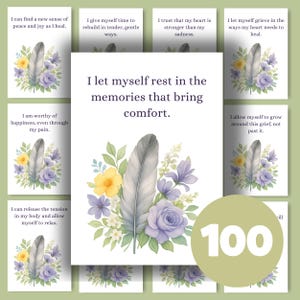 Op de afbeelding: Een set van 100 affirmatiekaarten met aquarel bloemmotieven. Elke kaart bevat een andere positieve affirmatie, zoals "Ik laat mezelf rusten in de herinneringen die troost brengen." De kaarten hebben een zacht, pastelkleurig kleurenpalet met een veer- en bloemenillustratie.