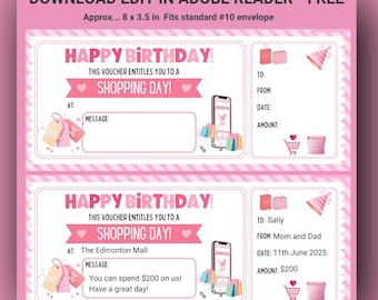 Birthday Shopping Spree Voucher - Editable Gift Certificate - Surprise Shopping Day Ticket