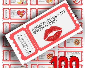 May include: A collection of 100 red and white coupon cards with various romantic and fun activity ideas. One coupon reads "A passionate kiss - no reason needed" with a red lip print. Other coupons offer breakfast in bed, hugs, and more.