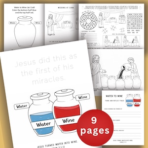 Può includere: Un libro da colorare per bambini con il titolo "Water to Wine" e illustrazioni di scene bibliche. Il libro include pagine da colorare, labirinti e giochi di parole. La copertina ha un cerchio rosso con la scritta "9 pagine".