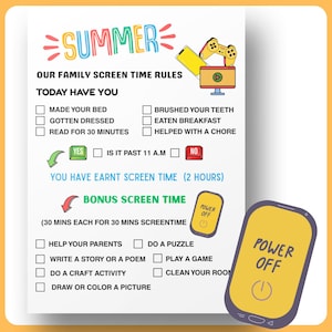Summer Screen Time Rules - Printable Kids Checklist - Daily Chore Tracker - Instant Download