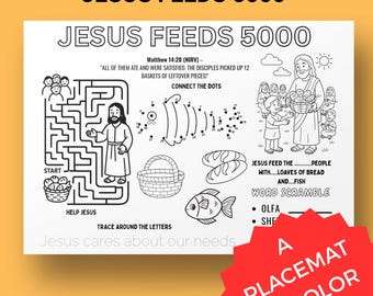 Jesus Feeds 5000 - Loaves Fishes Coloring Placemat - Bible Story Printable - Sunday School Activity
