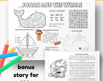 Jonah and the Whale Activity Placemat | Bible Story Coloring Page for Kids | Christian Printable Activity | Sunday School Worksheet