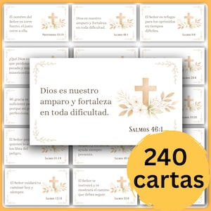 Pode incluir: Um conjunto de 240 cartões com citações religiosas em espanhol, cada um com uma cruz e desenhos florais. Os cartões são exibidos em um fundo branco, com um círculo amarelo indicando "240 cartas".