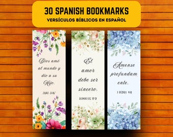 30 Spanish Bible Verse Bookmarks, Floral Christian Scripture Bookmark Set, Printable